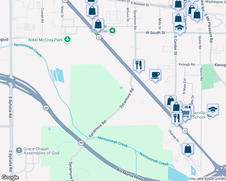 map of restaurants, bars, coffee shops, grocery stores, and more near 475 Sycamore Road in Collierville