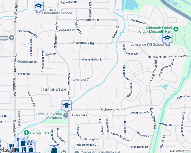 map of restaurants, bars, coffee shops, grocery stores, and more near 7338 Creek Bend Drive in Memphis
