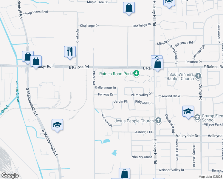 map of restaurants, bars, coffee shops, grocery stores, and more near 5723 Ballenmoor Drive in Memphis