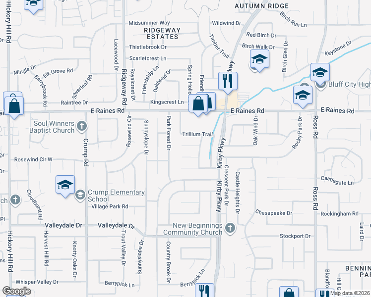 map of restaurants, bars, coffee shops, grocery stores, and more near 6360 Misty Crest Cove in Memphis