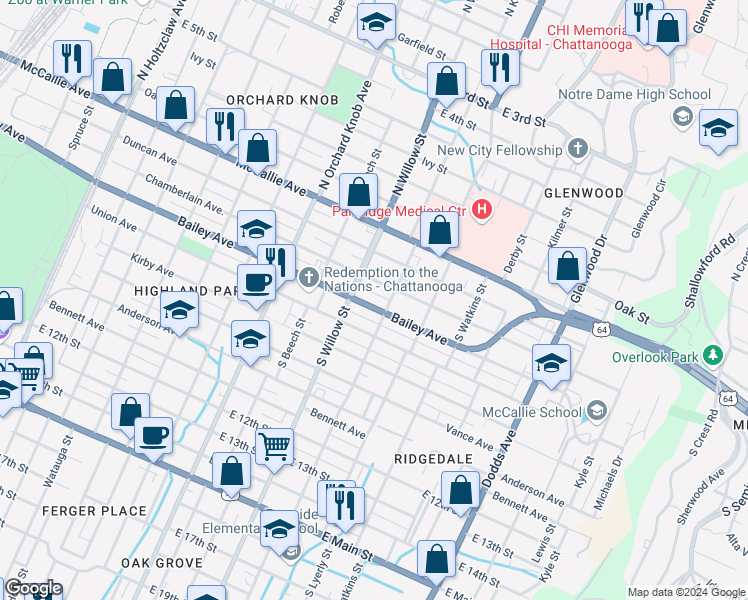 map of restaurants, bars, coffee shops, grocery stores, and more near 2111 Bailey Avenue in Chattanooga