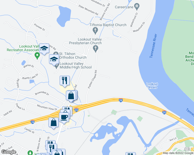 map of restaurants, bars, coffee shops, grocery stores, and more near 348 Patten Chapel Road in Chattanooga