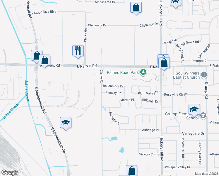 map of restaurants, bars, coffee shops, grocery stores, and more near 5681 Ballenmoor Drive in Memphis