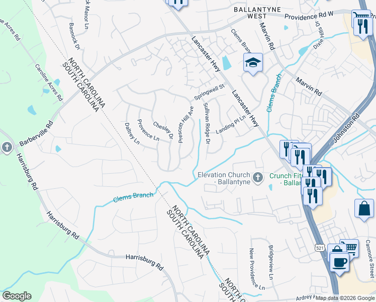 map of restaurants, bars, coffee shops, grocery stores, and more near 15723 Prescott Hill Avenue in Charlotte