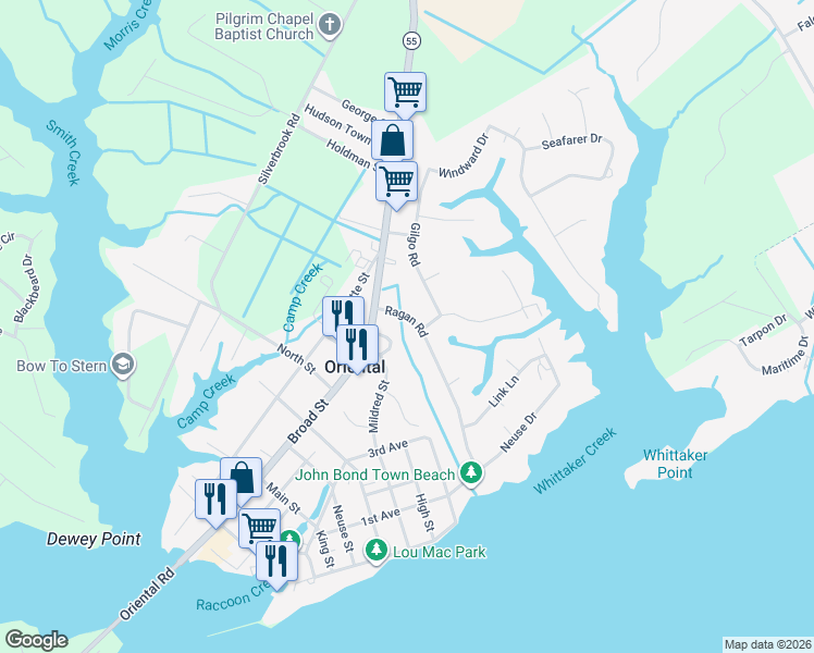 map of restaurants, bars, coffee shops, grocery stores, and more near 115 Ragan Road in Oriental