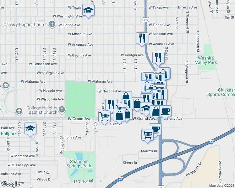 map of restaurants, bars, coffee shops, grocery stores, and more near 1801 South 7th Street in Chickasha