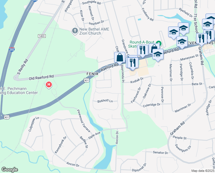map of restaurants, bars, coffee shops, grocery stores, and more near 4030 Bardstown Court in Fayetteville