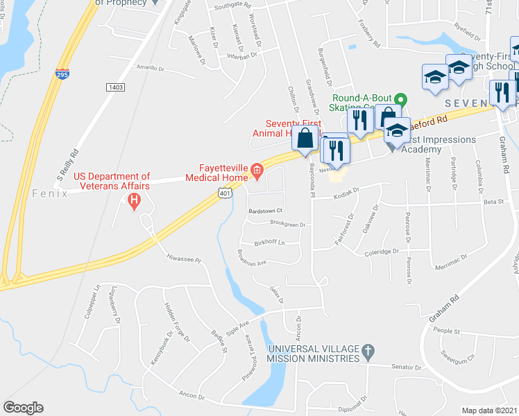 map of restaurants, bars, coffee shops, grocery stores, and more near 4030 Bardstown Court in Fayetteville