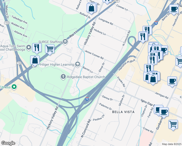 map of restaurants, bars, coffee shops, grocery stores, and more near 6845 Bacon Lane in Chattanooga