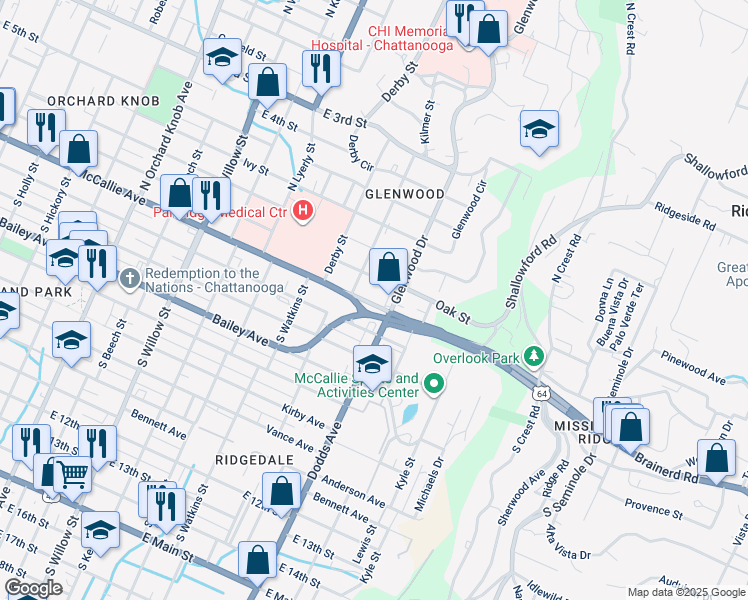 map of restaurants, bars, coffee shops, grocery stores, and more near 2527 McCallie Avenue in Chattanooga