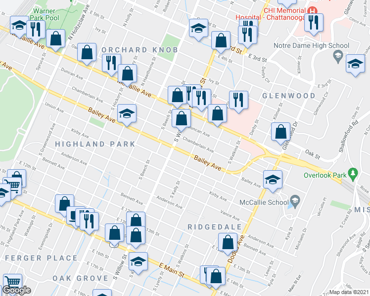 map of restaurants, bars, coffee shops, grocery stores, and more near 2112 Chamberlain Avenue in Chattanooga