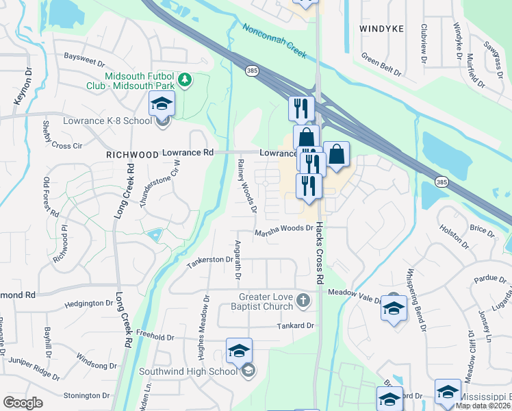 map of restaurants, bars, coffee shops, grocery stores, and more near 7887 Austin Forest Cove in Memphis