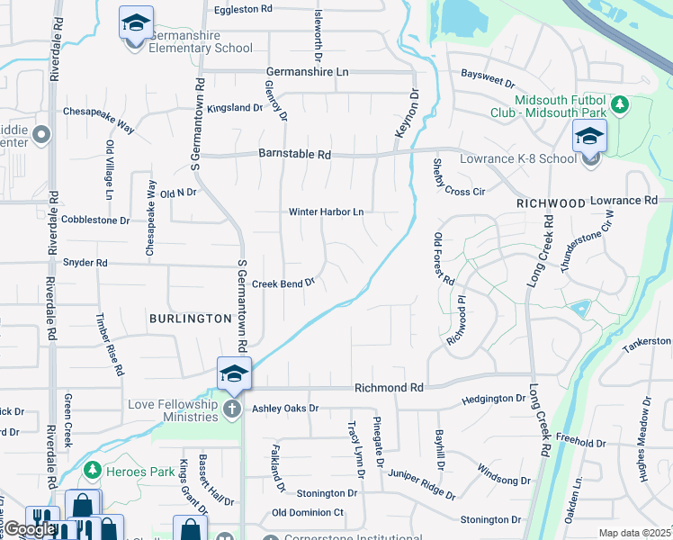 map of restaurants, bars, coffee shops, grocery stores, and more near 7338 Creek Bend Drive in Memphis
