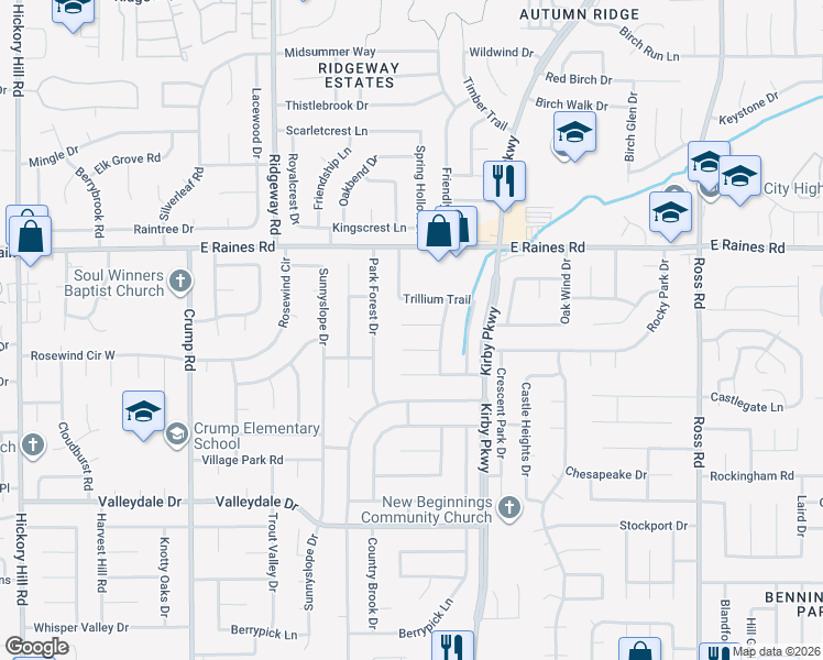 map of restaurants, bars, coffee shops, grocery stores, and more near 6360 Misty Crest Cove in Memphis
