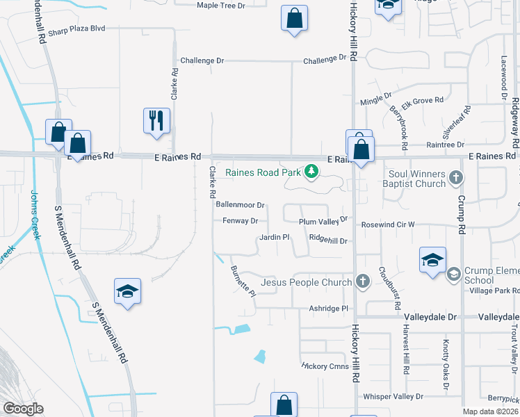 map of restaurants, bars, coffee shops, grocery stores, and more near 5723 Ballenmoor Drive in Memphis