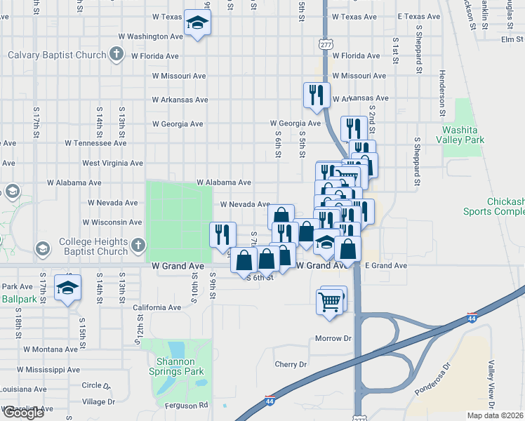 map of restaurants, bars, coffee shops, grocery stores, and more near 1801 7th Street in Chickasha