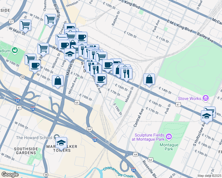 map of restaurants, bars, coffee shops, grocery stores, and more near 501 East 17th Street in Chattanooga