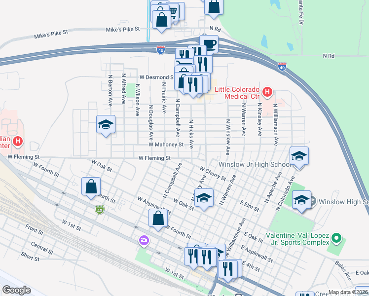 map of restaurants, bars, coffee shops, grocery stores, and more near 912 North Campbell Avenue in Winslow
