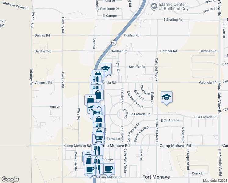 map of restaurants, bars, coffee shops, grocery stores, and more near 1562 Las Colinas Lane in Fort Mohave