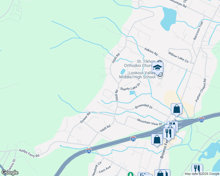 map of restaurants, bars, coffee shops, grocery stores, and more near 1609 Five Springs Drive in Chattanooga