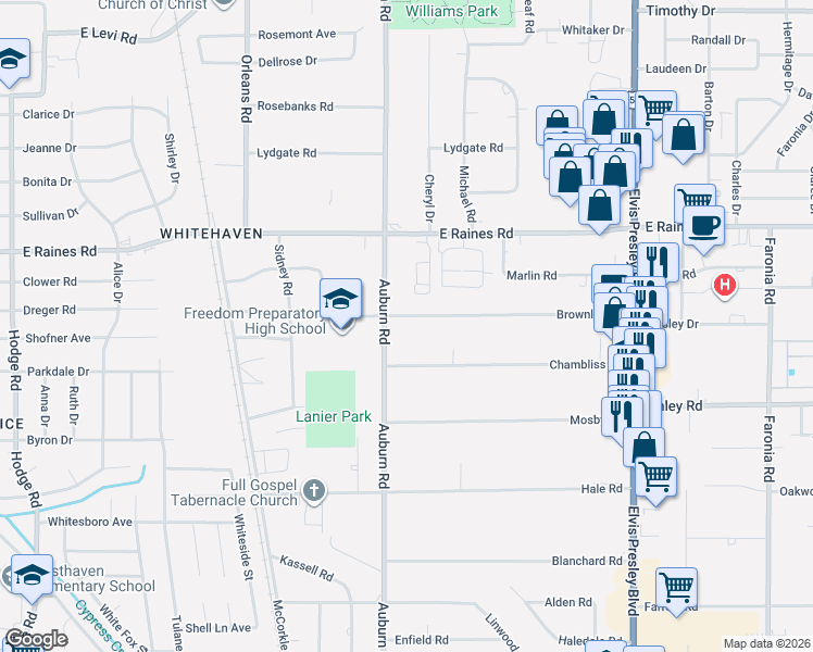 map of restaurants, bars, coffee shops, grocery stores, and more near 889 Brownlee Road in Memphis
