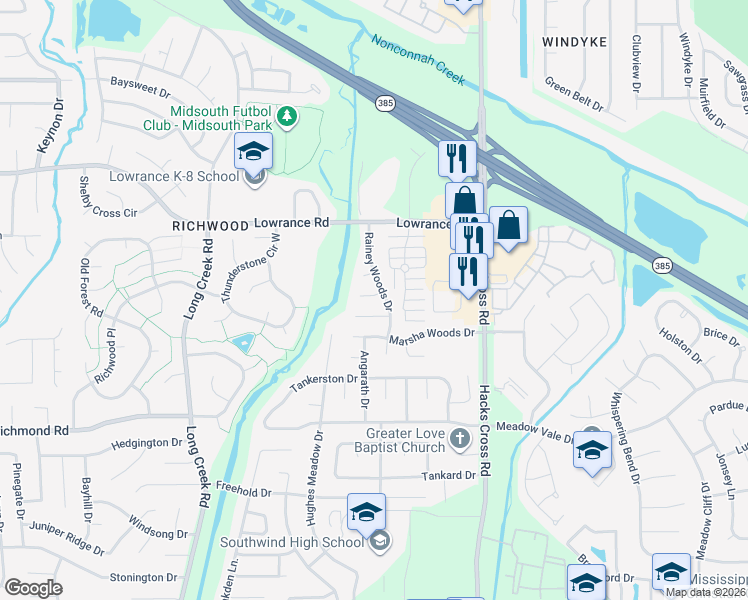 map of restaurants, bars, coffee shops, grocery stores, and more near 7887 Austin Forest Cove in Memphis