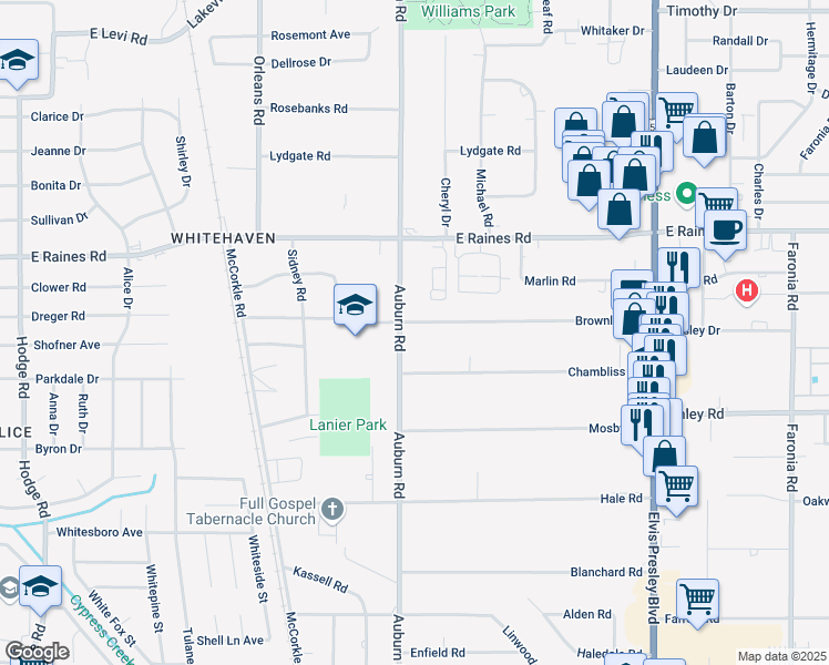 map of restaurants, bars, coffee shops, grocery stores, and more near 889 Brownlee Road in Memphis