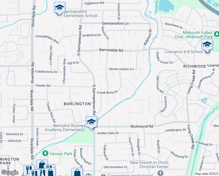 map of restaurants, bars, coffee shops, grocery stores, and more near 4256 Glenroy Drive in Memphis