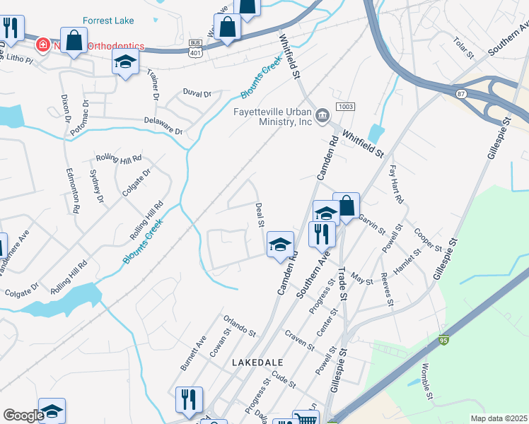 map of restaurants, bars, coffee shops, grocery stores, and more near 1503 Deal Street in Fayetteville