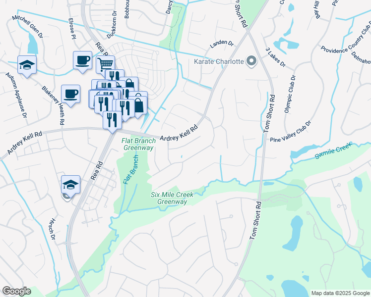 map of restaurants, bars, coffee shops, grocery stores, and more near 6947 Royce Court in Charlotte