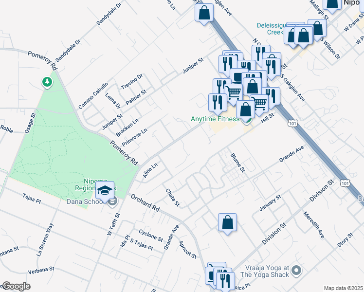 map of restaurants, bars, coffee shops, grocery stores, and more near 114 Finnians Way in Nipomo