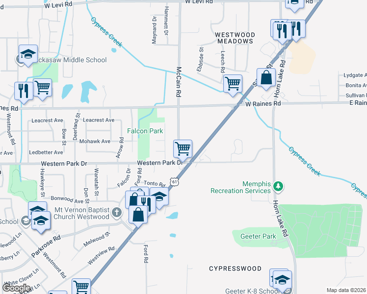 map of restaurants, bars, coffee shops, grocery stores, and more near 4260 McCain Road in Memphis