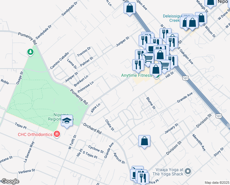 map of restaurants, bars, coffee shops, grocery stores, and more near 114 Finnians Way in Nipomo