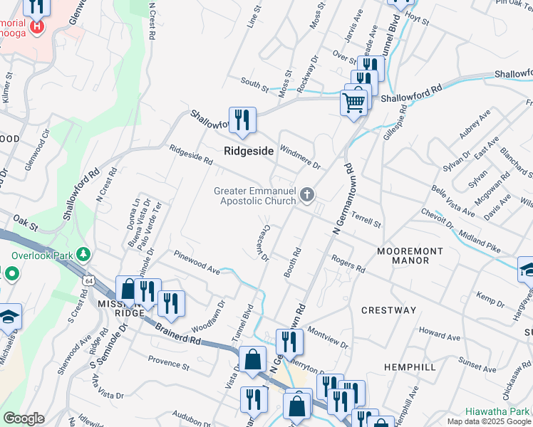 map of restaurants, bars, coffee shops, grocery stores, and more near 25 Crescent Drive in Ridgeside