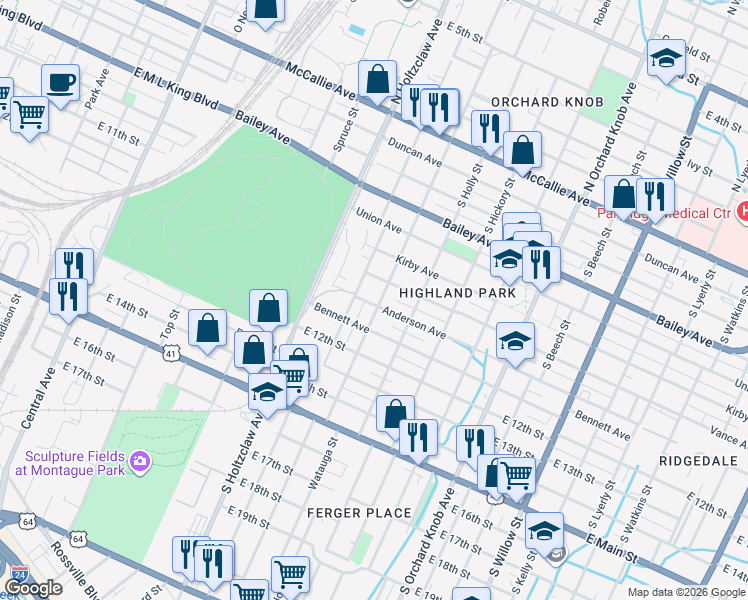 map of restaurants, bars, coffee shops, grocery stores, and more near 908 South Greenwood Avenue in Chattanooga