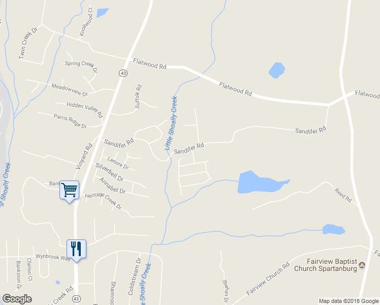 map of restaurants, bars, coffee shops, grocery stores, and more near 406 Shoally Brook Drive in Spartanburg