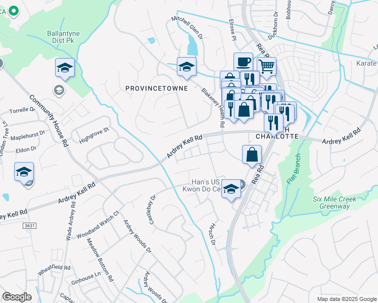 map of restaurants, bars, coffee shops, grocery stores, and more near 9907 Fallon Trace Avenue in Charlotte