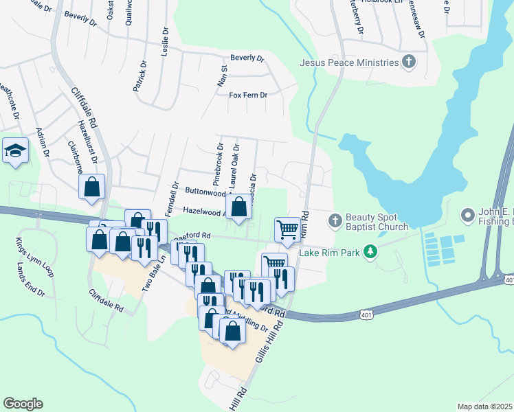 map of restaurants, bars, coffee shops, grocery stores, and more near 1549 Acacia Drive in Fayetteville