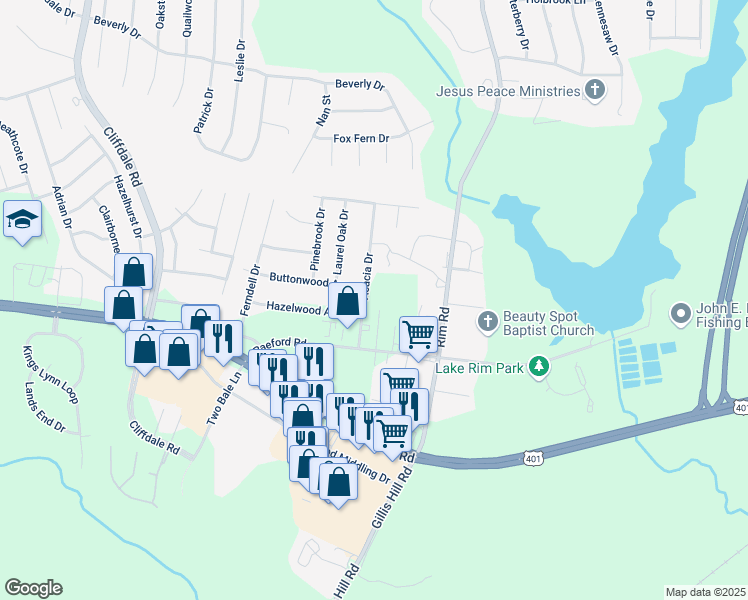 map of restaurants, bars, coffee shops, grocery stores, and more near 1549 Acacia Drive in Fayetteville