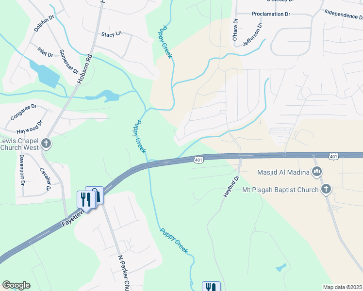 map of restaurants, bars, coffee shops, grocery stores, and more near 112 Stonebriar Avenue in Raeford