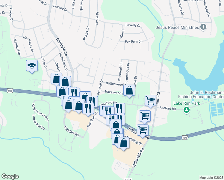 map of restaurants, bars, coffee shops, grocery stores, and more near 7752 Hazelwood Avenue in Fayetteville