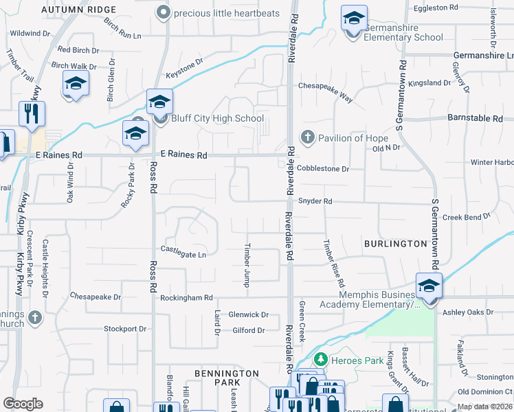 map of restaurants, bars, coffee shops, grocery stores, and more near 6891 Snyder Road in Memphis