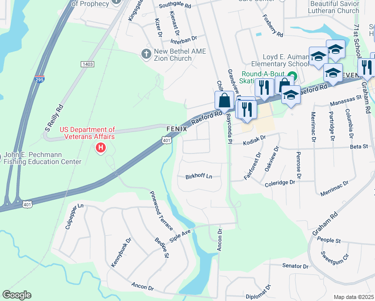 map of restaurants, bars, coffee shops, grocery stores, and more near 2313 Bentridge Lane in Fayetteville