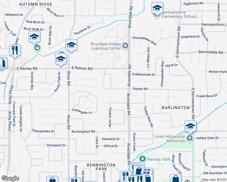 map of restaurants, bars, coffee shops, grocery stores, and more near 6891 Snyder Road in Memphis