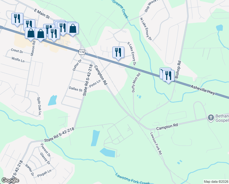 map of restaurants, bars, coffee shops, grocery stores, and more near 1281 Campton Road in Inman