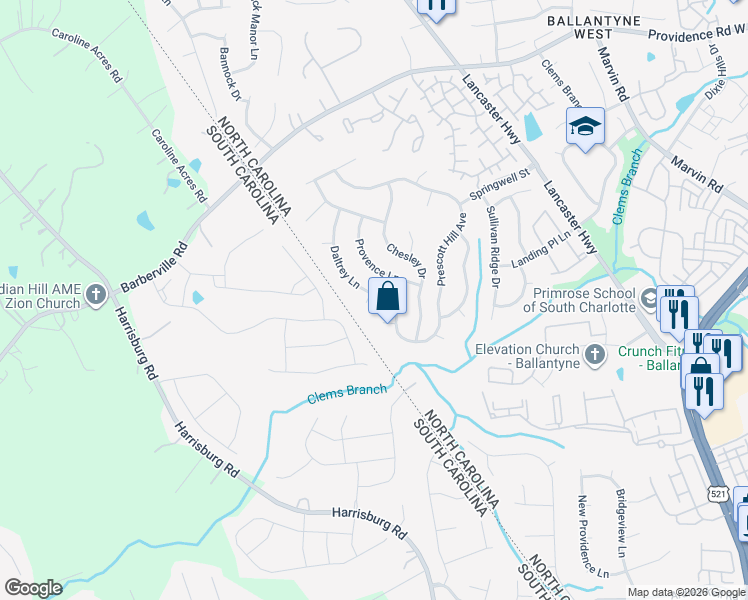map of restaurants, bars, coffee shops, grocery stores, and more near 16012 Caranna Court in Charlotte