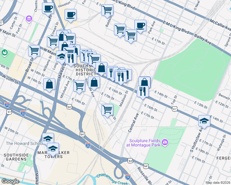 map of restaurants, bars, coffee shops, grocery stores, and more near 1602 Jefferson Street in Chattanooga
