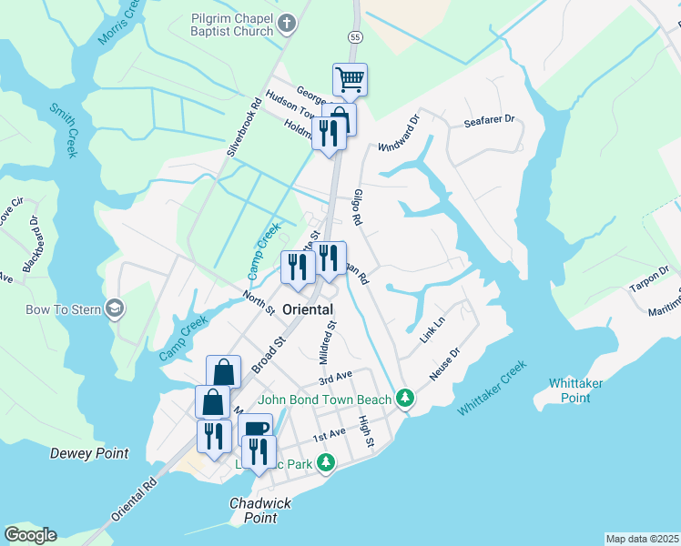 map of restaurants, bars, coffee shops, grocery stores, and more near 619 Ragan Road in Oriental