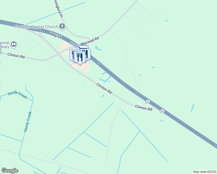 map of restaurants, bars, coffee shops, grocery stores, and more near 5363 Clinton Road in Stedman