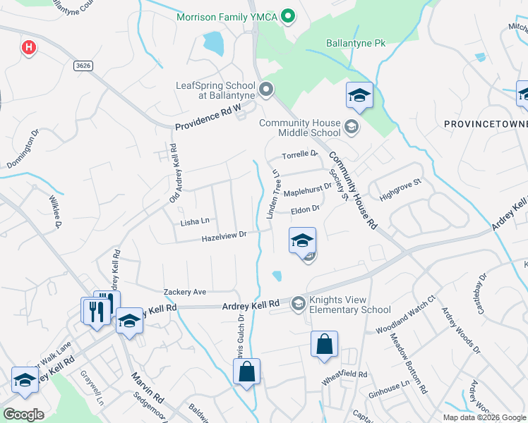 map of restaurants, bars, coffee shops, grocery stores, and more near 9217 Linden Tree Lane in Charlotte